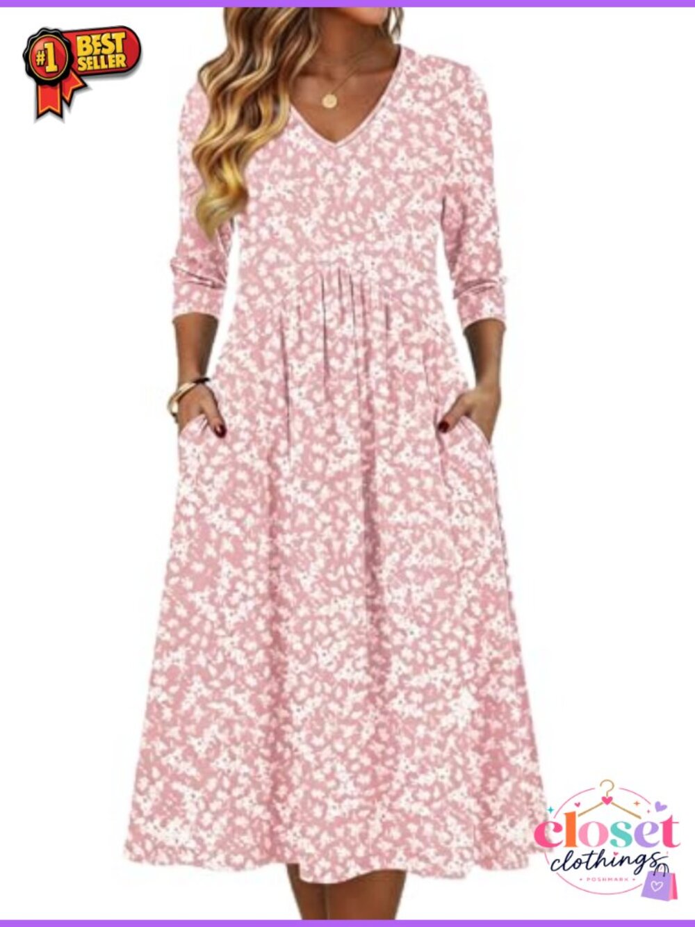 Women's 3/4 Sleeve Midi Dress Casual V-Neck A-Line Flowy Beach